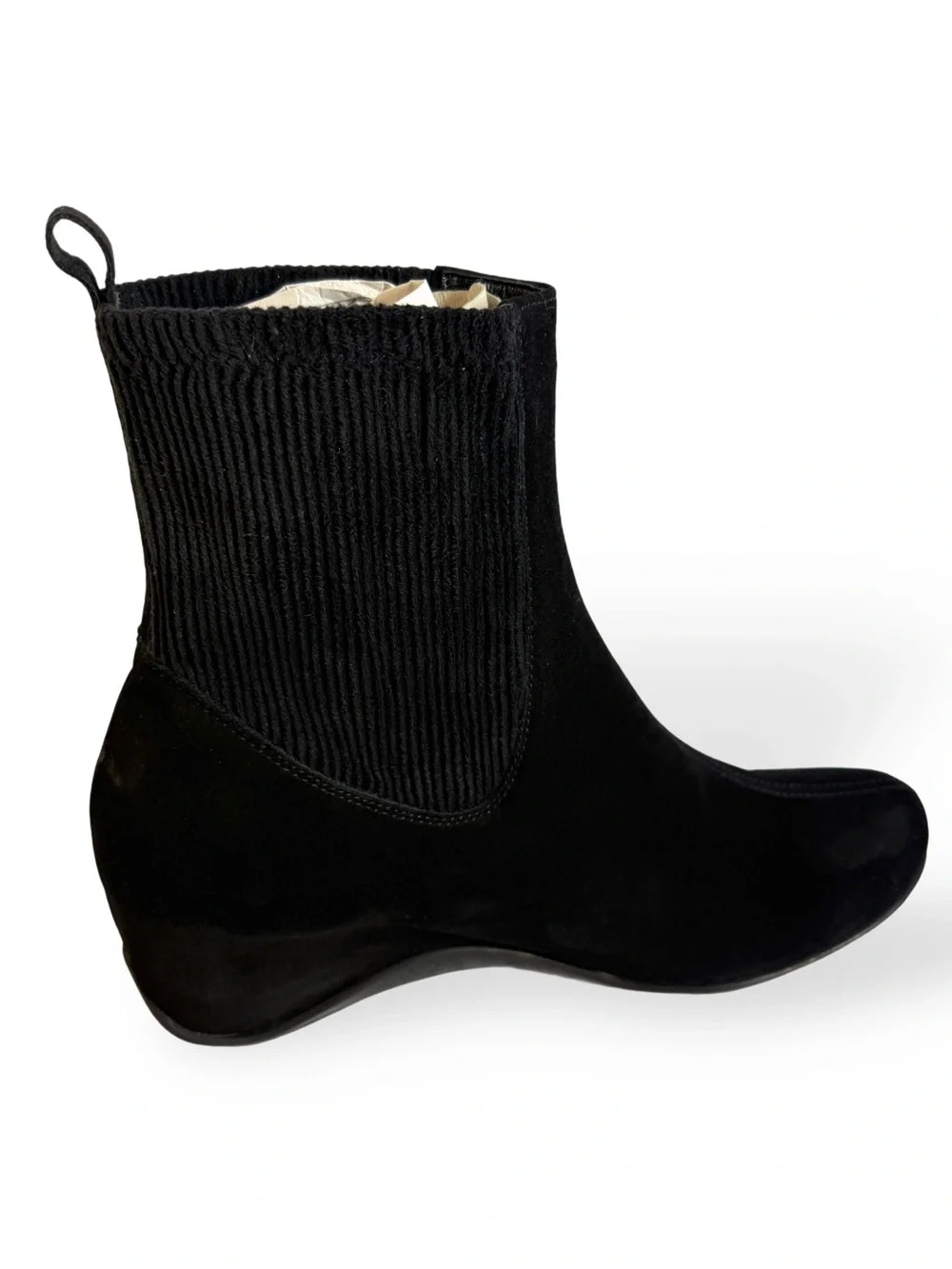 Aquatalia Black Suede Ankle Booties with Knit Stretch Panels